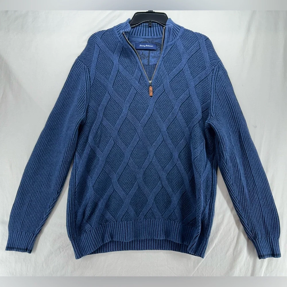 Tommy Bahama Men's Large Blue Cotton Quarter Zip Sweater Diamond Cable‎ Knit